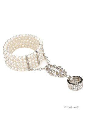 Flapper Crystal Bracelet Ring Set Dainty Hand Chain Wedding Bridal Party Prom